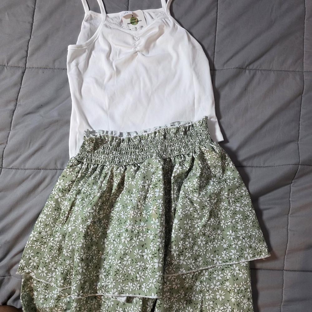 White Tank with Green Floral Tiered Skirt Set